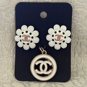 Repurposed Chanel White Flower Earring and Pendant Set